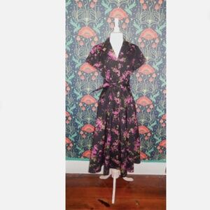 J. Peterman Fit Flare Pink Black Cotton Shirt Tea Length Dress 10